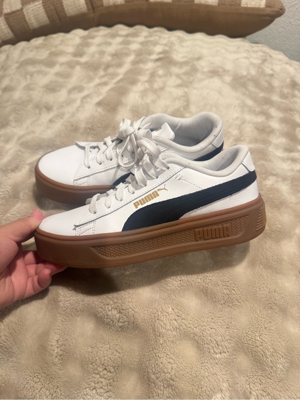 Puma White Sneakers with Navy Formstrip and Gum Sole